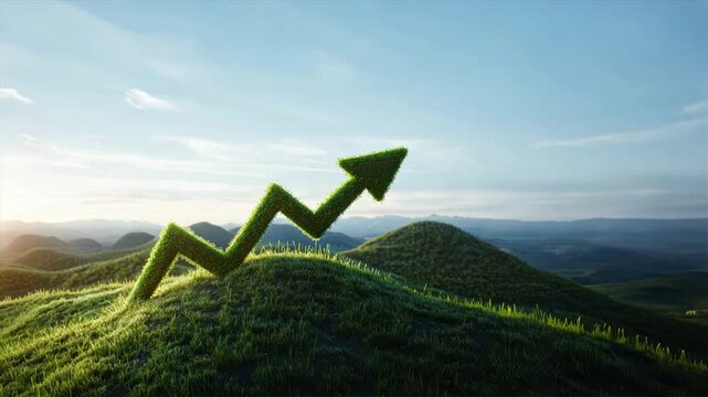 A green arrow made of grass growing in the shape of an upward graph, representing sustainability, investment chart, finance chart