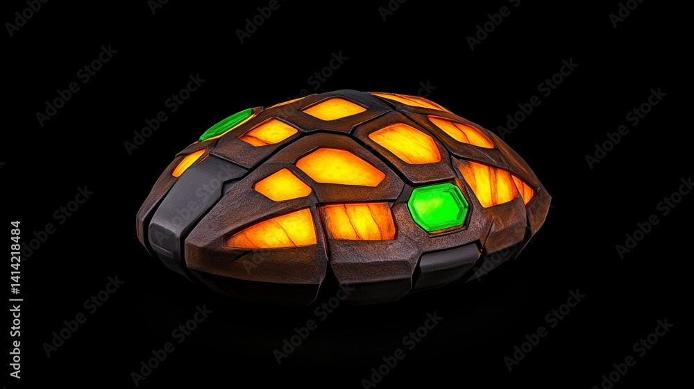 Poster a futuristic, glowing artifact with intricate patterns and luminous elements set against a dark back
