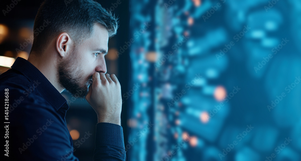 Poster employee studying digital data, deep in thought, analyzing information on screen, showcasing concent