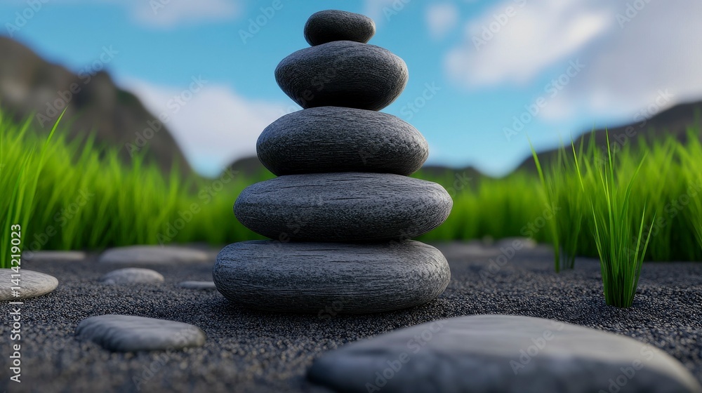 Poster stacked pebbles create a calming focal point in a serene outdoor setting with lush green grass and m