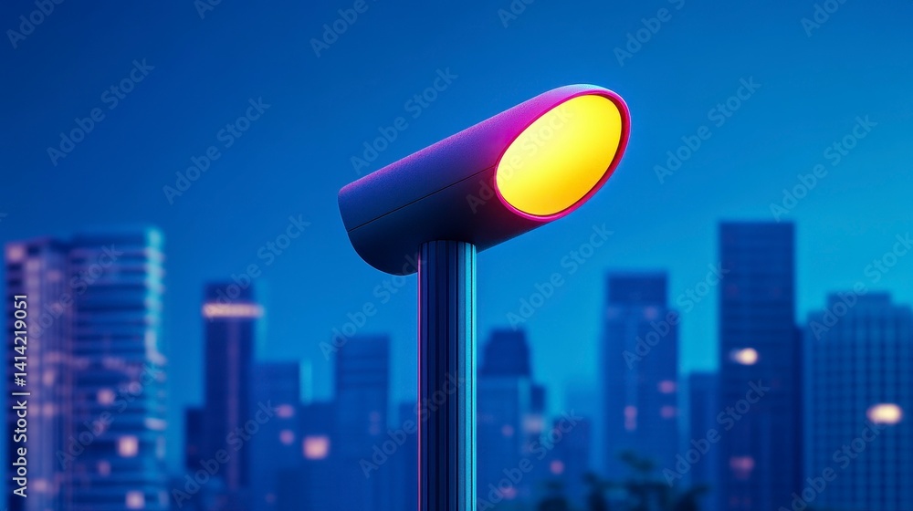 Poster modern street lamp glowing softly in an urban skyline setting during twilight, creating a vibrant at