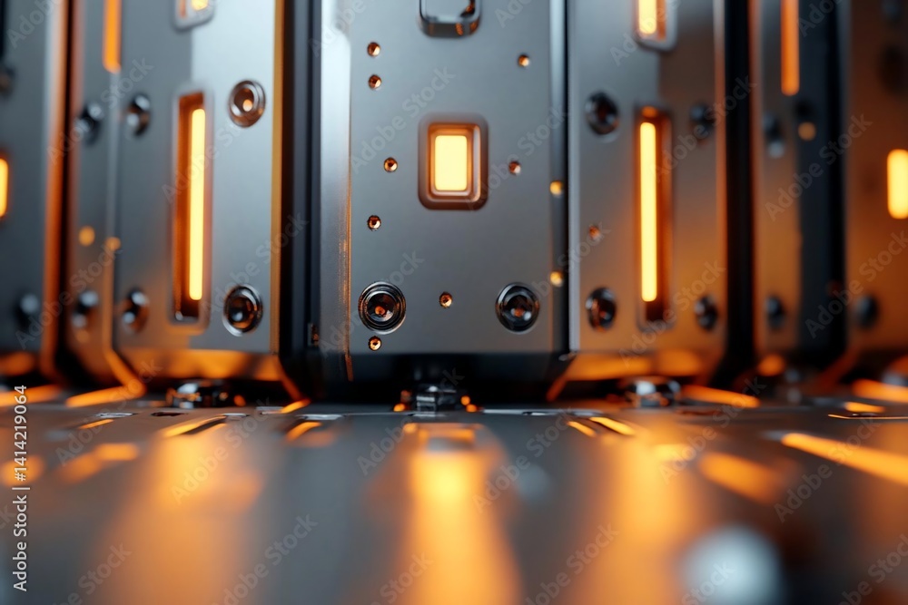 Poster Close-up of futuristic metallic structure with glowing orange lights intricate details and a shallow depth of field