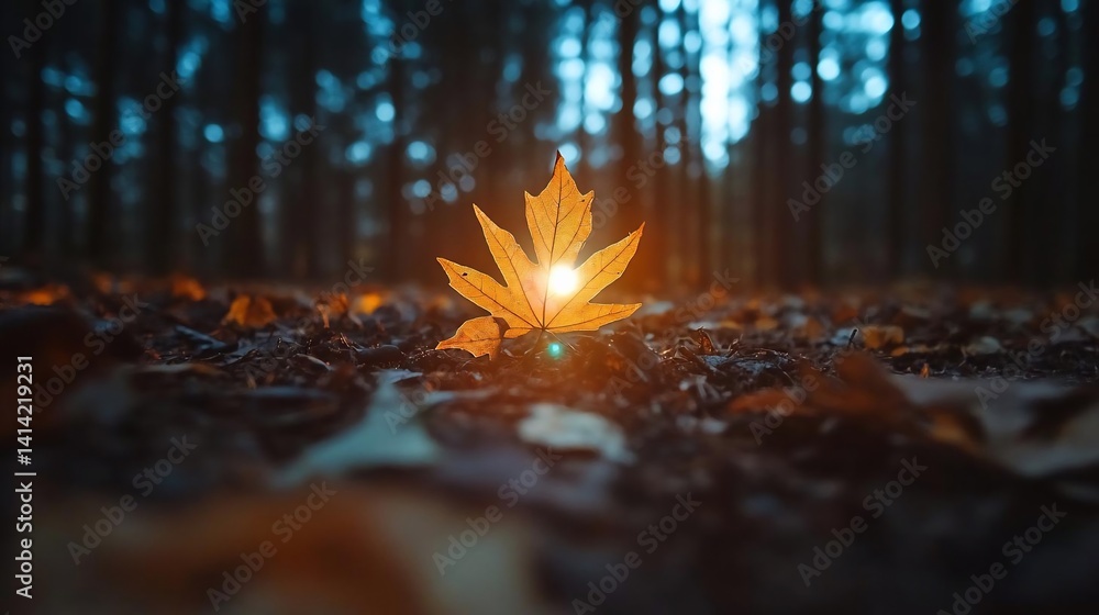Aufkleber close up shot of a glowing leaf in autumn forest with blurred background and warm orange color