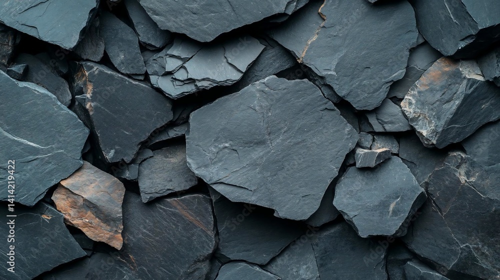 Aufkleber Close-up shot of a textured background composed of irregular dark gray slate tiles with detailed textures and patterns. Natural light enhances the textures