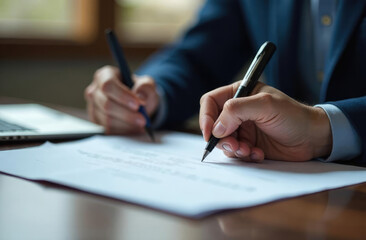 Businessman writes signing contract.