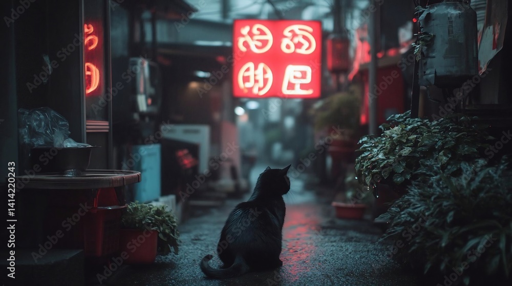 Poster a cat sits amidst a rain-slicked alleyway with a red neon sign in the background reflecting the damp