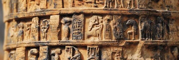 Carvings on a stone wall depict ancient script or symbols in tan hues.