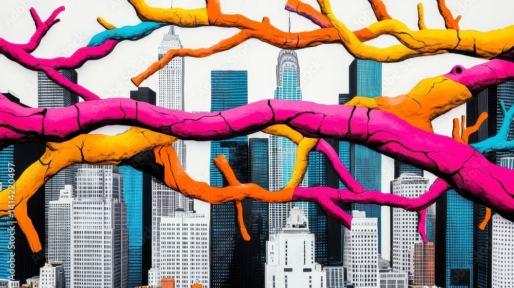 Poster a vibrant and abstract mural blending colorful branches with a monochrome cityscape, creating a stri