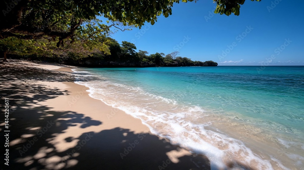 Poster scenic coastal view featuring a tranquil beach with turquoise water and lush vegetation under a brig