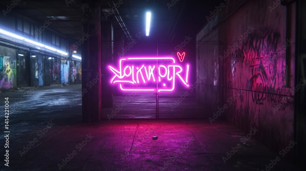 Poster neon sign in a dark tunnel with graffiti walls and a wet ground reflecting the neon light. the scene