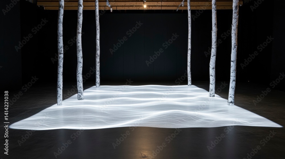 Poster illuminated forest space with birch trees casting light waves on the floor in an artistic installati