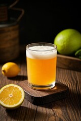 Fototapeta premium there is a glass of beer sitting on a wooden table