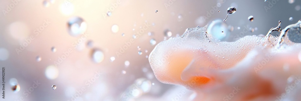 Poster Abstract macro close-up of water bubbles and foam floating in soft pastel colors emphasizing cleanliness and freshness with bright bokeh lighting. Dynamic liquid movement