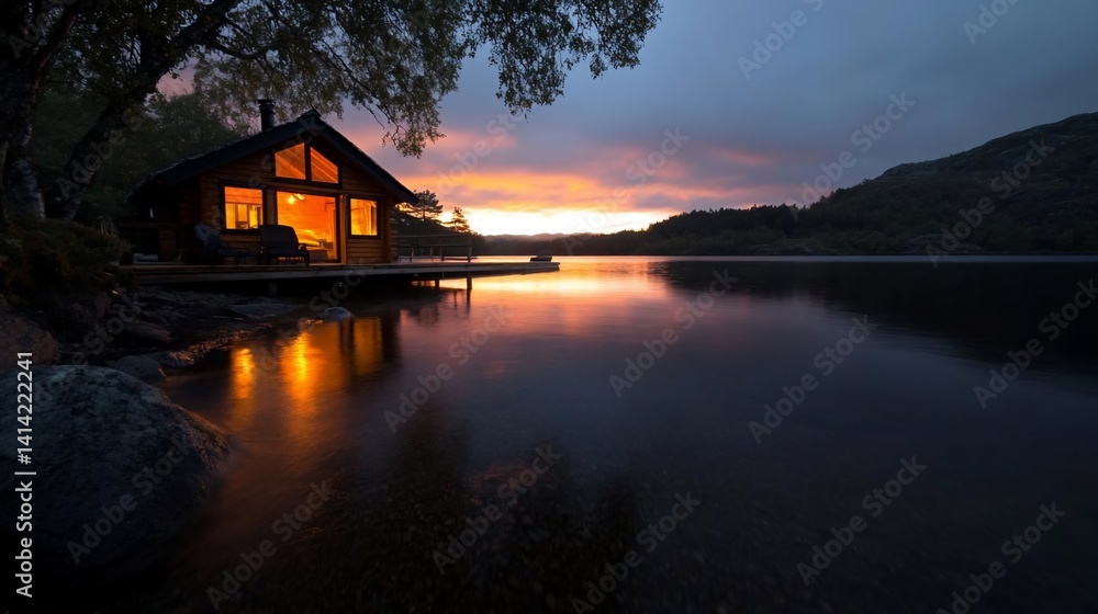 Poster A cozy structure illuminated by warm light sits on a lakefront at dusk reflecting the vibrant sunset hues. The tranquil scene includes a wooden dock and surrounding trees