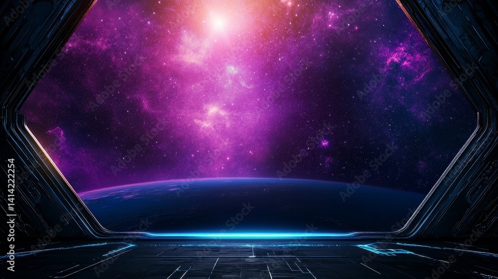 Poster vibrant cosmic view from a futuristic space station viewing portal overlooking a distant planet and 