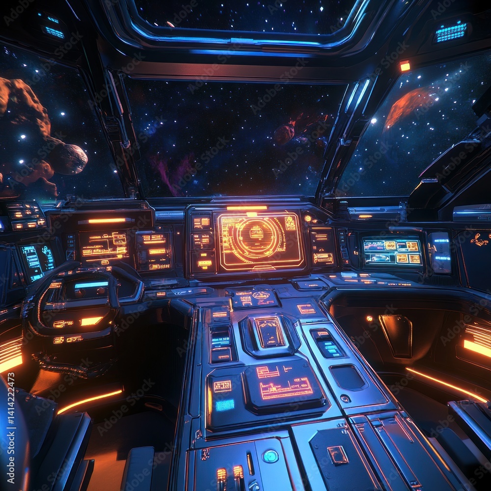 Poster spaceship cockpit view, deep space nebula background