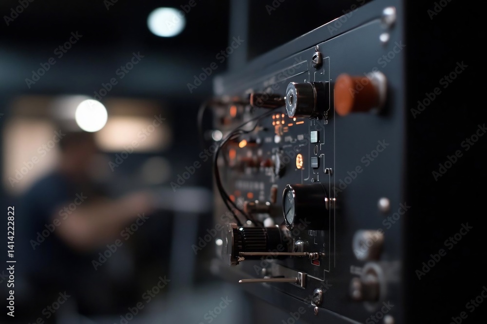 Fototapete Close-up view of a black control panel with numerous knobs and buttons. A blurry figure operates the machinery. Soft focus and shallow depth of field. Warm lighting creates a technical atmosphere