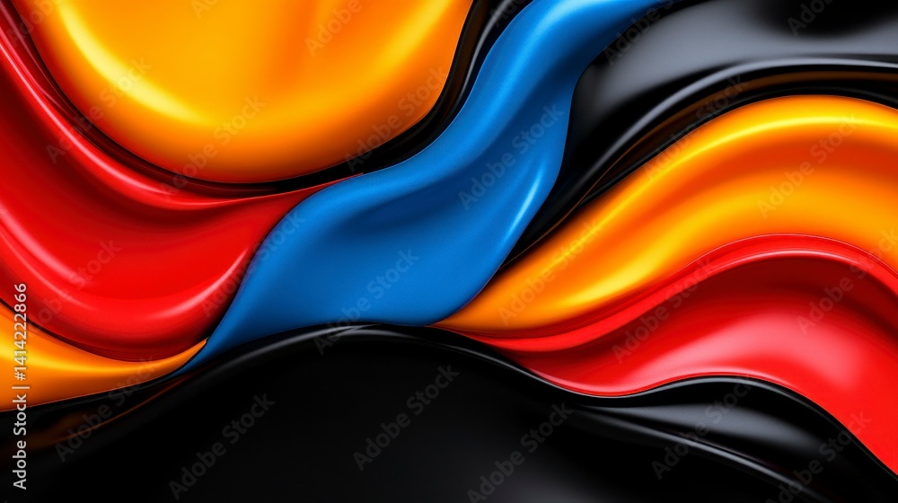 Poster colorful abstract wave patterns with flowing black, red, yellow, and blue textures creating a dynami