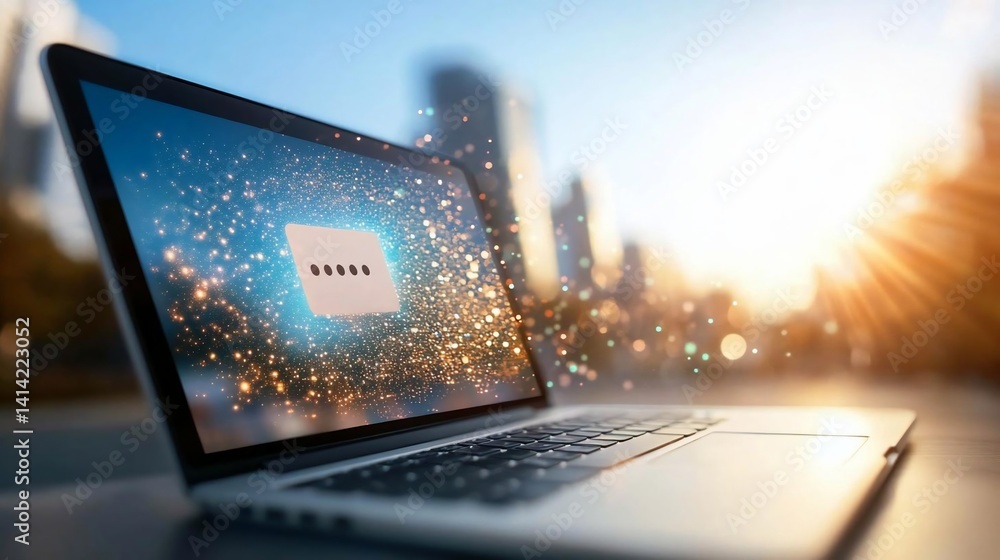 Aufkleber Laptop displaying message against city backdrop under bright sunlight with lens flares and bokeh. The device on a reflective surface symbolizes modern communication and technology