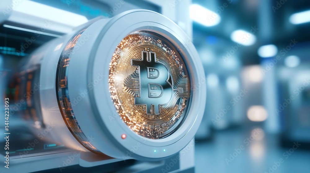 Fototapete Close-up view of a cylindrical device with a glowing currency symbol inside in a lab setting. The device is white and metallic. The background is blurred, showcasing a modern laboratory