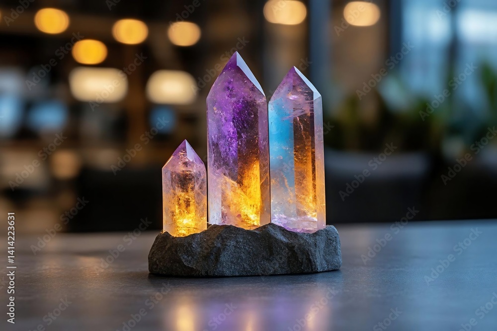Aufkleber close-up shot of a vibrant crystal cluster illuminated with colorful internal lighting on a dark sur