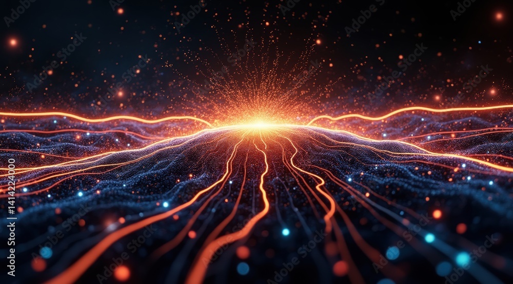 Poster vibrant abstract landscape with glowing lines and particles.