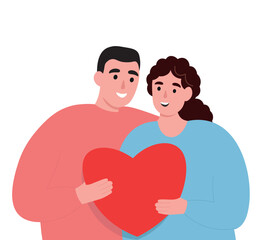 Happy couple in love holding heart in hands. Man and woman support each other together. Vector flat graphics.