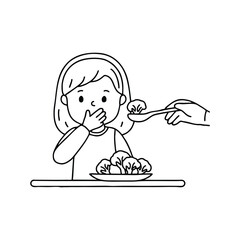 Child refusing to eat broccoli by covering mouth with hand while food spoon is near