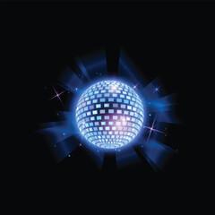 Glowing blue disco ball with glitter and beams, vector shiny hanging mirror sphere, illumination dance party decoration