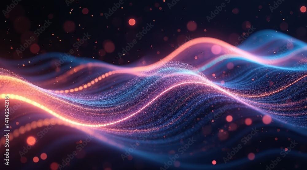 Poster abstract flowing waves with shimmering lights and colors.