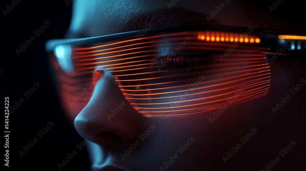 Poster Close-up of a person's face with futuristic eyewear showcasing a grid-like orange light display against a dark background emphasizing technology and futuristic elements