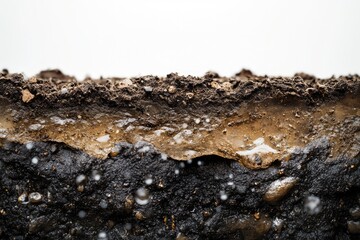 Cross-section of soil showing layers saturated with water, demonstrating soil saturation and water absorption.