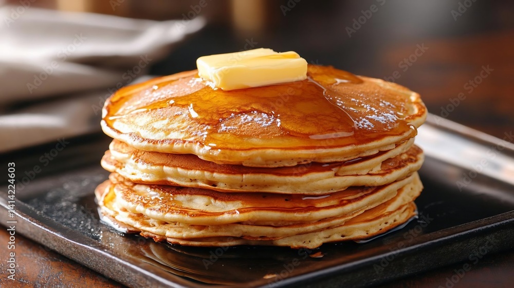 Poster stack of golden pancakes topped with melting butter and drizzled with syrup on a black square plate 