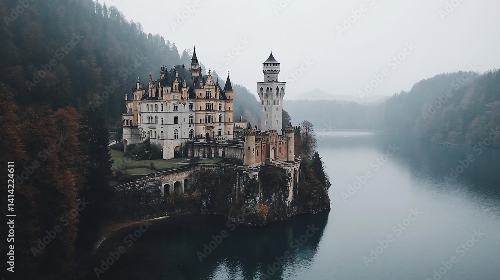 Poster aerial view of a historic castle situated on a cliff overlooking serene lake surrounded by forest in