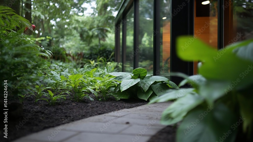 Poster Lush green garden with a path leading to a modern building featuring large windows. Plants and foliage create a natural frame with soft lighting