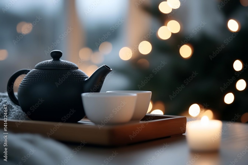 Poster a serene still life featuring a black teapot and two white cups on a wooden tray soft candle light w