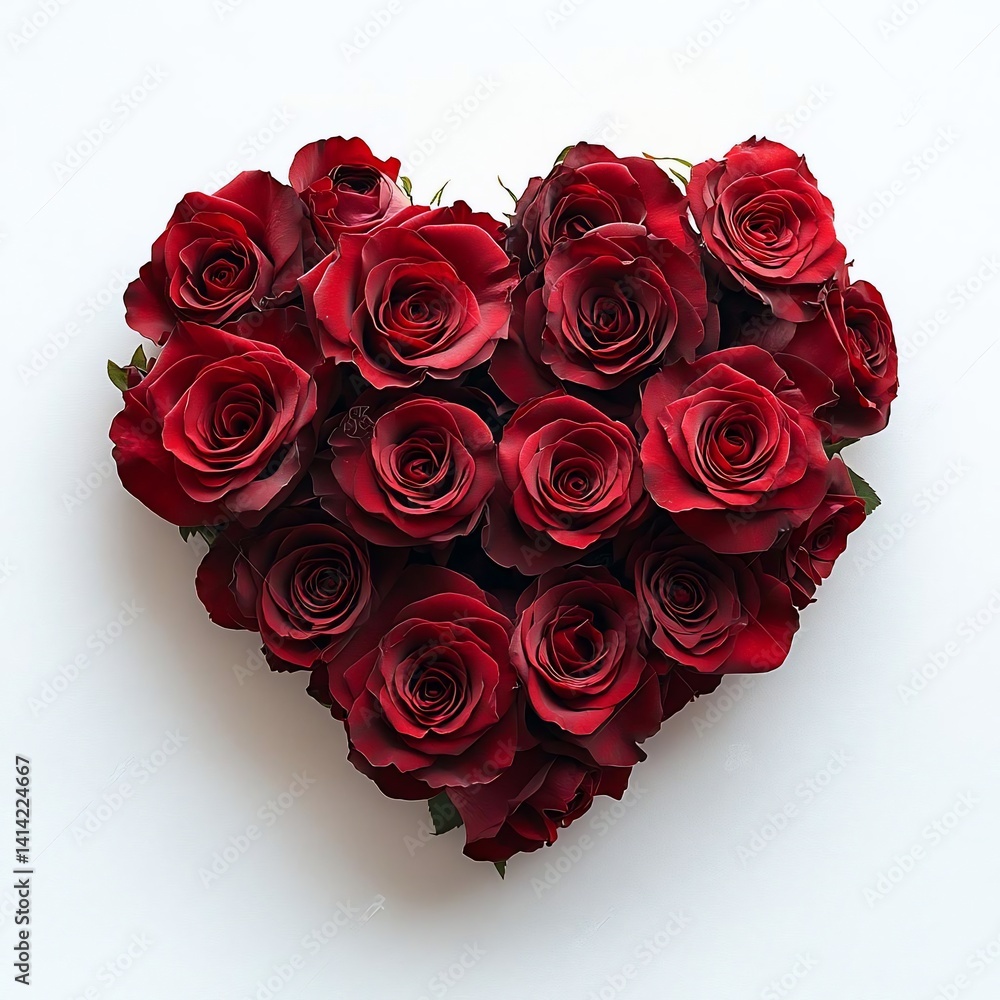 Poster close-up of vibrant red roses arranged in a heart shape on a white background. the flowers are in fu