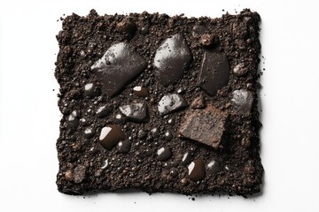 Dark soil sample with oil spills and rocks, showing texture and composition.