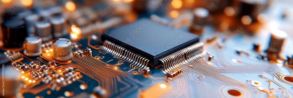 Poster Close-up of electronic circuit board featuring a central processor unit. The image emphasizes the intricate pathways and components of a digital motherboard illuminated with warm lighting. Focus on