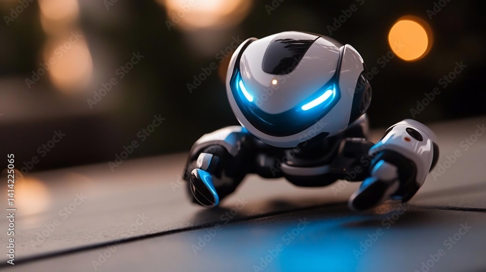 Poster Futuristic automaton with glowing blue eyes on a blurred background. It is small and compact in design. The automaton has white and black colors with an advanced and futuristic design