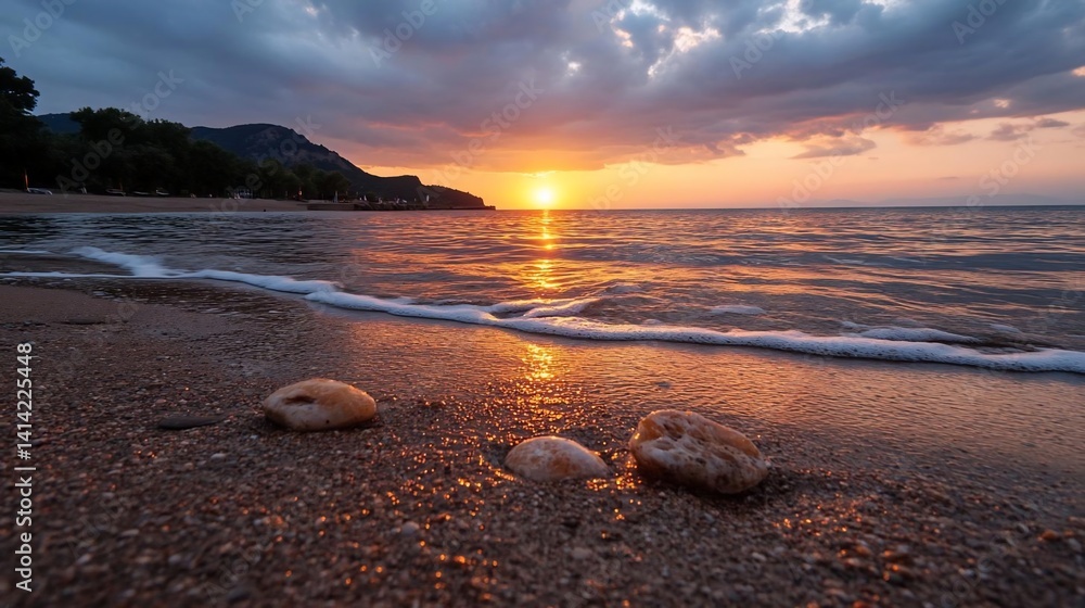 Aufkleber coastal sunset view with golden sunlight reflecting on the ocean surface and wet sand creating a ser