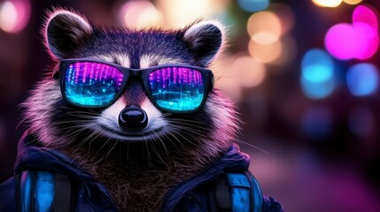A stylish raccoon wearing sunglasses and a jacket poses against a colorful urban background filled with vibrant lights and bokeh.