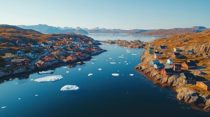Fototapeta premium Arctic village aerial, fjord, icebergs, sunset