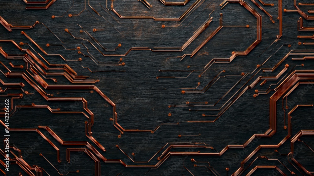 Poster intricate copper circuit board pattern on dark textured background showcasing modern technology and 