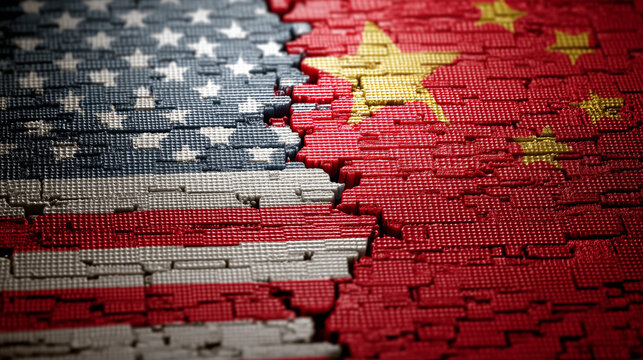 usa flag and china flag painted on wooden background