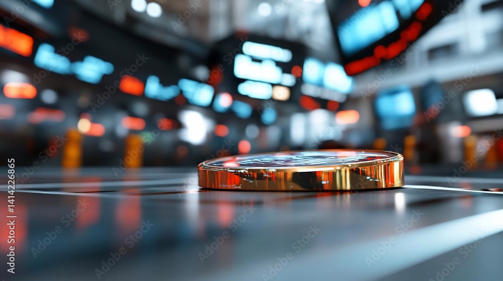 Poster close-up of golden coin reflecting neon lights and blurred background showcasing financial concepts 