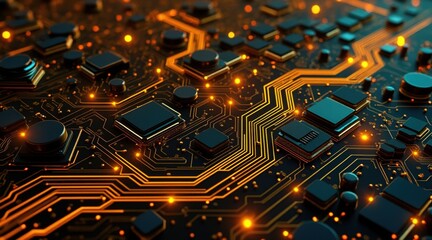 Fototapeta premium Circuit board with glowing details and intricate patterns.