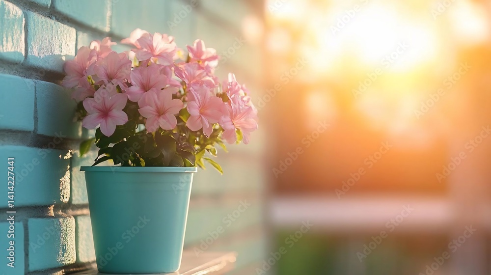 Poster a vibrant display of pink flowers blooms in a turquoise pot set against a turquoise brick wall bathe