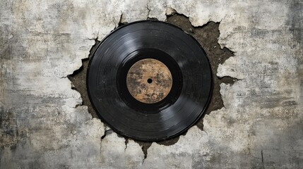 Vintage Vinyl Record Embedded in Cracked Concrete Wall Art