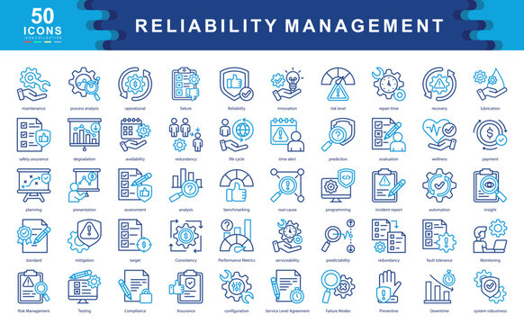 The Reliability Management icon set highlights key aspects of operational integrity, system performance, and risk mitigation ideal for industrial, tech, and engineering applications.